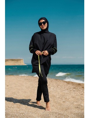 Marina Siyah Kadın Neon Biye Detaylı Tasarım Tesettür Mayo M2272