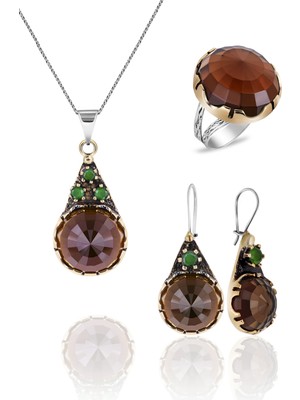 Doğan Silver Doğan Silverdumanlı Kuvars Taşlı Zıbbılrumi Model Otantik Gümüş Üçlü Set DGN21034