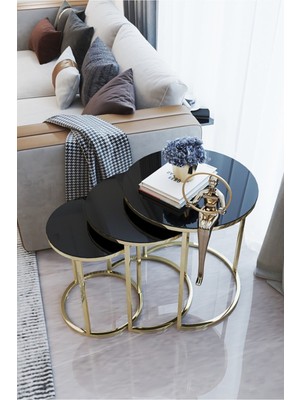 Usta Mekan Gold Metal Zigon Sehpa Kırılmaz Temperli Siyah Cam