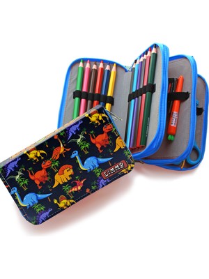 Limmy Kalem Kutusu Dinozor Dinazor Desenli Kawai Organizer Üç Bölmeli Kalemlik - Mavi
