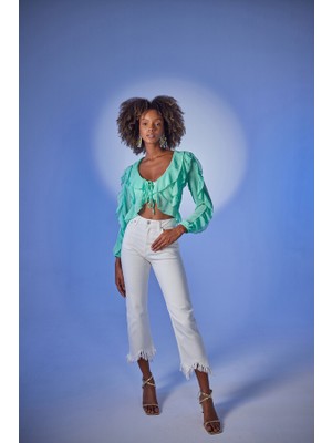 Holly Lolly Crop Model Bağlamalı Kol Detaylı Elsa Bluz Yeşil
