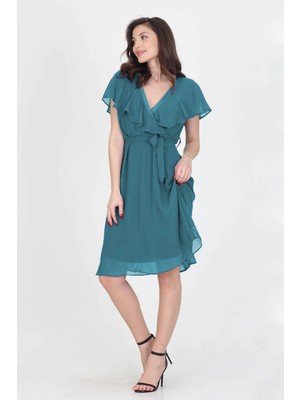 Neşeli Butik Kadın Petrol Mavisi Melek Kol Kruvaze Yaka Şifon Elbise NB8081