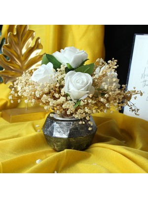 Mory Concept Çiçek Saksı 5 Adet Beyaz Güller Çipsolarla Sarılı Gümüş Gölgeli Taş Saksı Sevgiliye Hediye