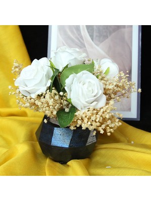 Mory Concept Çiçek Saksı 5 Adet Beyaz Güller Çipsolarla Sarılı Mavi Gölgeli Taş Saksı Sevgiliye Hediye