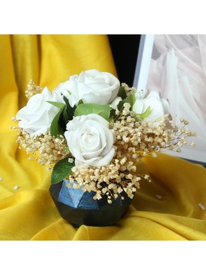Mory Concept Çiçek Saksı 5 Adet Beyaz Güller Çipsolarla Sarılı Mavi Gölgeli Taş Saksı Sevgiliye Hediye