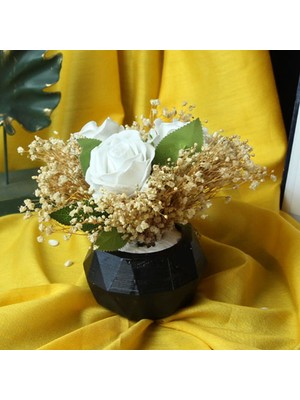 Mory Concept Çiçek Saksı 3 Adet Beyaz Güller Çipsolarla Sarılı Siyah Taş Saksı Sevgiliye Hediye