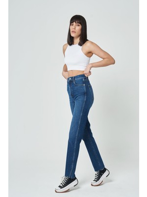 Cross Jeans Orta Mavi Yüksek Bel Slim Straight Fit Paçası Yırtmaçlı Fermuarlı Jean Pantolon C 4800-005
