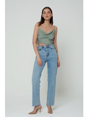 Cross Jeans Diana Açık Mavi Dad Straight Fit Patı Fermuarlı Paçası Kesik Pantolon Jean C 4517-053