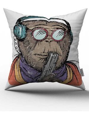 Cango Home Beyaz Gözlüklü Maymun Dijital Baskılı Kırlent Kılıfı  - OTYK201