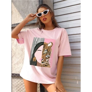 Kadın Pudra Pembe Leopar Baskılı Oversize T-Shirt