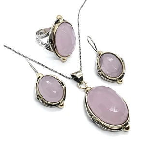 Doğan Silver Doğan Silverpembe Kuvars Taşlı Otantik Gümüş Üçlü Set DGN21051