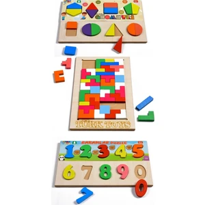 Toys Ahşap Puzzle 3'ü 1 Arada Set Tetris-Geometri-Sayılar