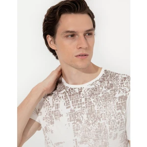 Pierre Cardin Erkek Ecru Slim Fit Baskılı Bisiklet Yaka Tişört 50254026-VR019
