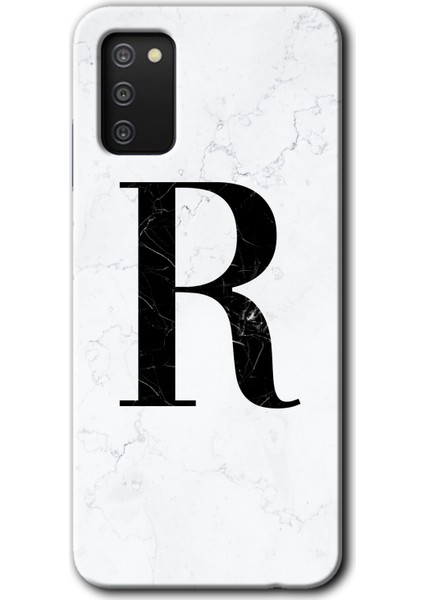 Samsung Galaxy A03S Kılıf Hd Desen Baskılı Arka Kapak + Temperli Cam - Beyaz Mermer Desenli R Harfi