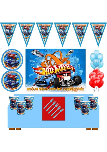 Doğum Günü 16 Kişilik 50X70 cm Afişli Hot Wheels Parti Malzemeleri Seti
