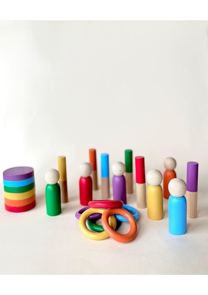 Doğal Ahşap Oyuncak Waldorf Renkli Peg Bebek Halka Daire Çubuk Montessori Eğitici Oyun Seti