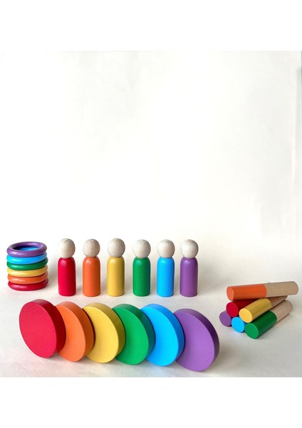 Doğal Ahşap Oyuncak Waldorf Renkli Peg Bebek Halka Daire Çubuk Montessori Eğitici Oyun Seti fırsatları