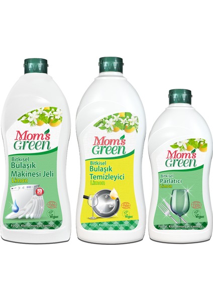 Mom's Green 3'lü Set Mom's Green Bitkisel Bulaşık Makinesi Jeli Deterjanı + Elde Bulaşık Limon  + Parlatıcı