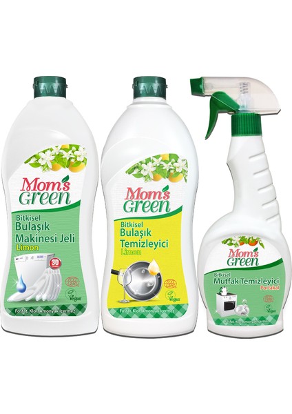 Mom's Green 3'lü Set Mom's Green Bitkisel Bulaşık Makinesi Jeli + Elde Bulaşık Limon + Mutfak Sprey ( 750 ml x 3 )