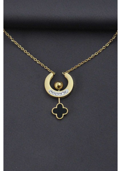 Çelik Altın Renk Zirkon Taşlı Mineli Yonca Tasarımlı Kadın Kolye