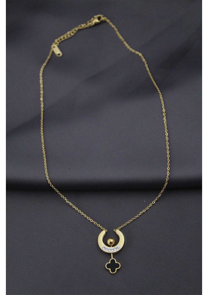 Çelik Altın Renk Zirkon Taşlı Mineli Yonca Tasarımlı Kadın Kolye fiyatları