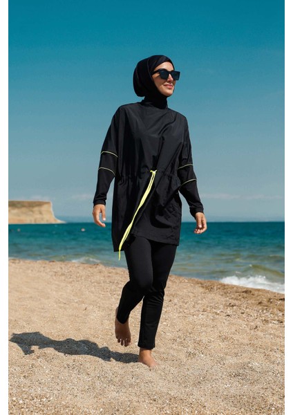 Siyah Kadın Neon Biye Detaylı Tasarım Tesettür Mayo M2272