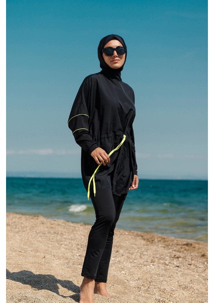 Siyah Kadın Neon Biye Detaylı Tasarım Tesettür Mayo M2272 fiyatları