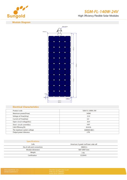 Esnek Güneş Paneli SGM-FL-140W-24V fiyatları