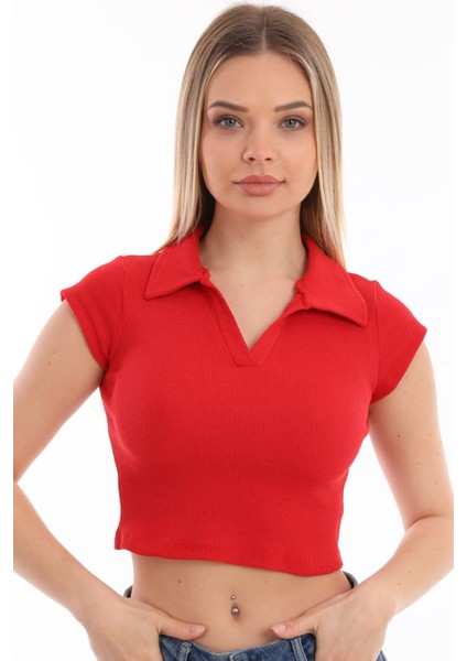 Belifanti Collection Kadın Kırmızı Polo Yaka Crop Top