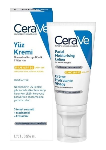 Kuru Ciltler Için SPF50 Nemlendirici Yüz Kremi 52 ml