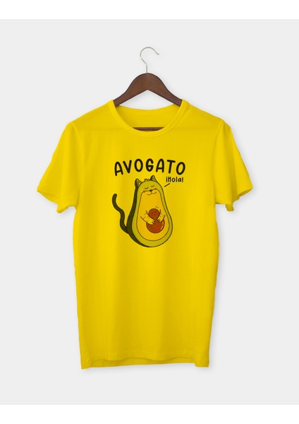 Karya Butik Avokado Şeklinde Kedi Baskılı Sarı Yetişkin  T-Shirt