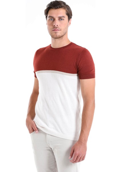 Erkek Kiremit Slim Fit Desenli Bisiklet Yaka Tişört