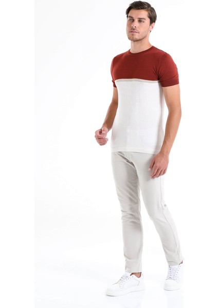 Erkek Kiremit Slim Fit Desenli Bisiklet Yaka Tişört modelleri