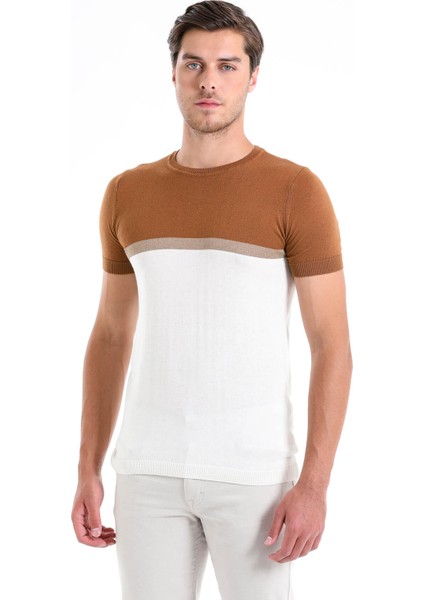 Erkek Tarçın Slim Fit Desenli Bisiklet Yaka Tişört