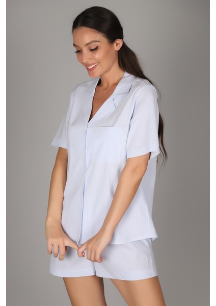 Sweetness Kadın Mavi Çizgli Likralı Üç Parça Pijama Takımı Alt- Üst- Şort