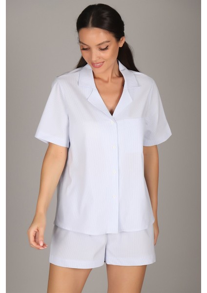 Sweetness Kadın Mavi Çizgli Likralı Üç Parça Pijama Takımı Alt- Üst- Şort