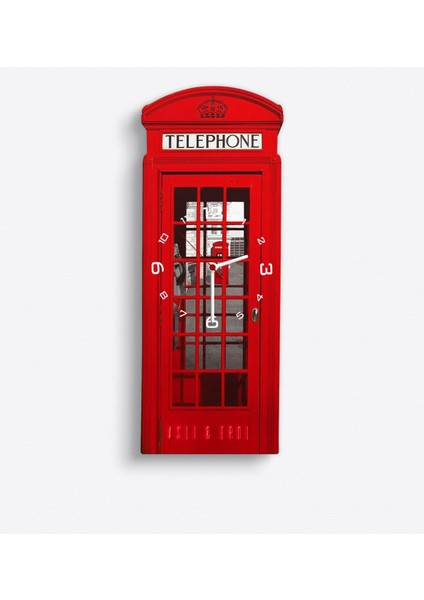 Kişiye Özel Londra Kırmızı Telefon Kulübesi Tasarımlı Ahşap Duvar Saati (Model 1-1)
