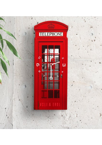Kişiye Özel Londra Kırmızı Telefon Kulübesi Tasarımlı Ahşap Duvar Saati (Model 1-1)