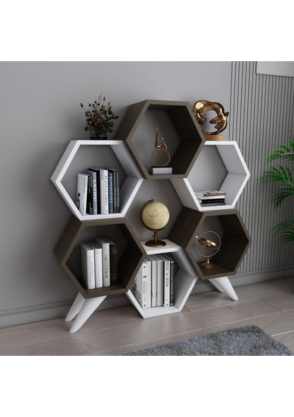 Evdekimoda Hexagon Kitaplık (Ceviz-Beyaz)