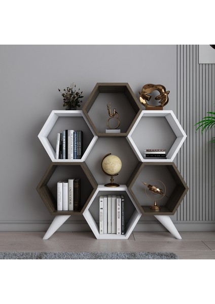 Evdekimoda Hexagon Kitaplık (Ceviz-Beyaz)