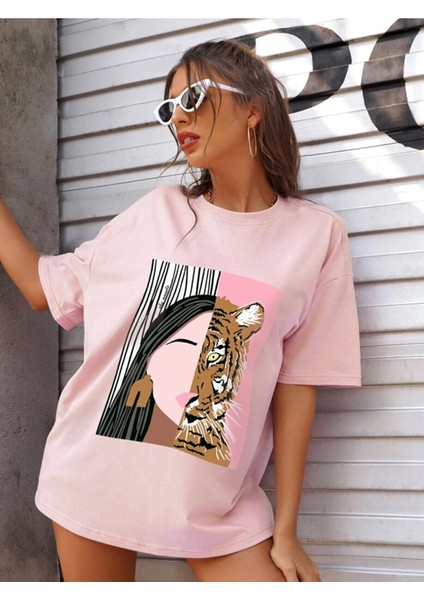 Kadın Pudra Pembe Leopar Baskılı Oversize T-Shirt