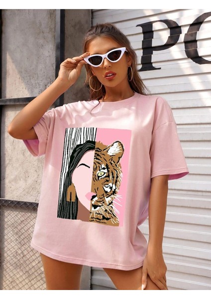 Kadın Pudra Pembe Leopar Baskılı Oversize T-Shirt