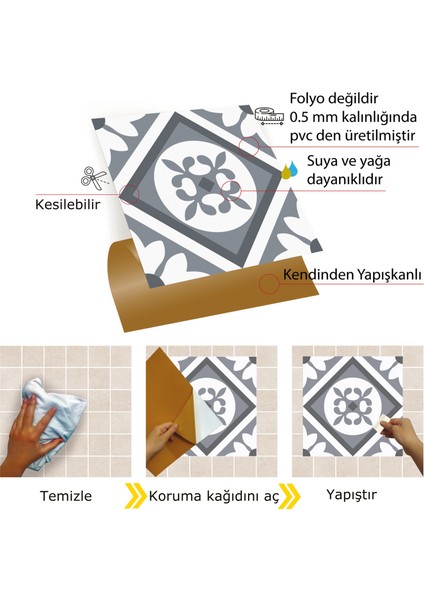 Kendinden Yapışkanlı Banyo Mutfak Kaplama Geometrik 02 Desenli Pvc Karo 30X30 cm (11 Adet) 1 M2