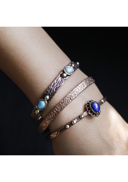 Tılsım Turkuaz & Lapis Lazuli Taşlı & Motifli El Işleme Bakır Bileklik Seti