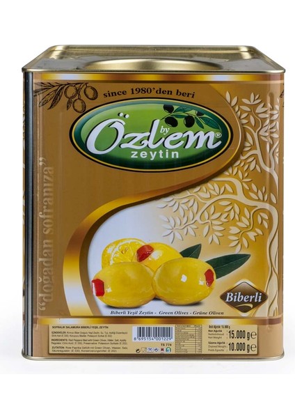 Özlem Zeytin Biberli 10 kg Teneke Yeşil Zeytin (201-230 klb)