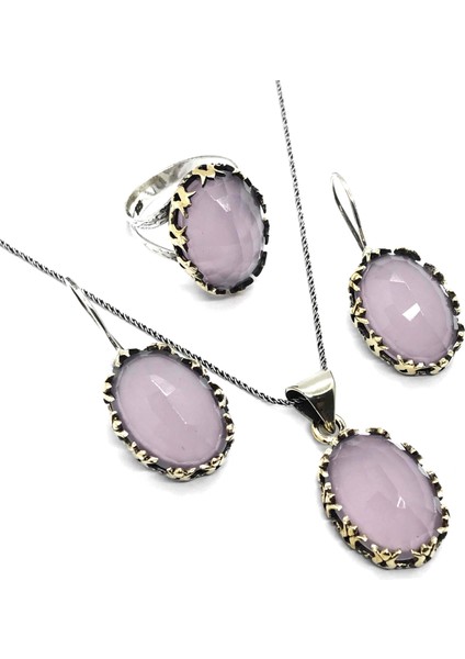 Doğan Silverpembe Kuvars Taşlı Otantik Gümüş Üçlü Set DGN21030