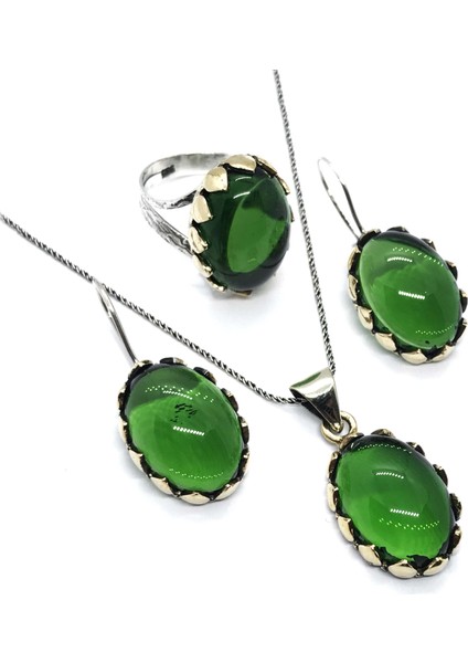 Doğan Silveryeşil Taşlı Otantik Gümüş Üçlü Set DGN21004