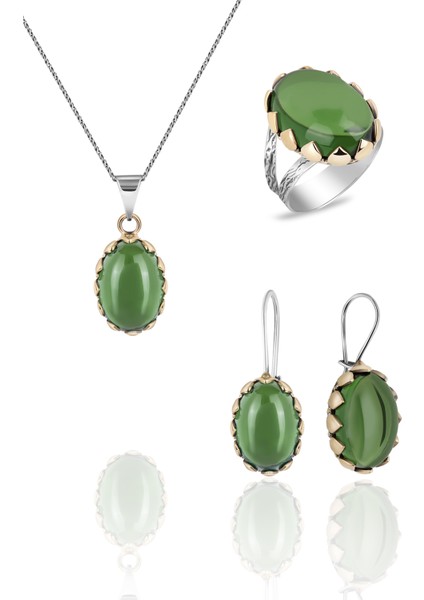 Doğan Silveryeşil Taşlı Otantik Gümüş Üçlü Set DGN21004 fiyatları