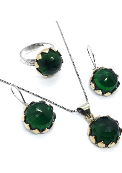 Doğan Silveryeşil Taşlı Otantik Gümüş Üçlü Set DGN21012