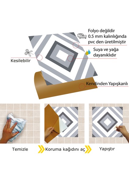 Kendinden Yapışkanlı Banyo Mutfak Kaplama Geometrik 04 Desenli Pvc Karo 30X30 cm (11 Adet) 1 M2